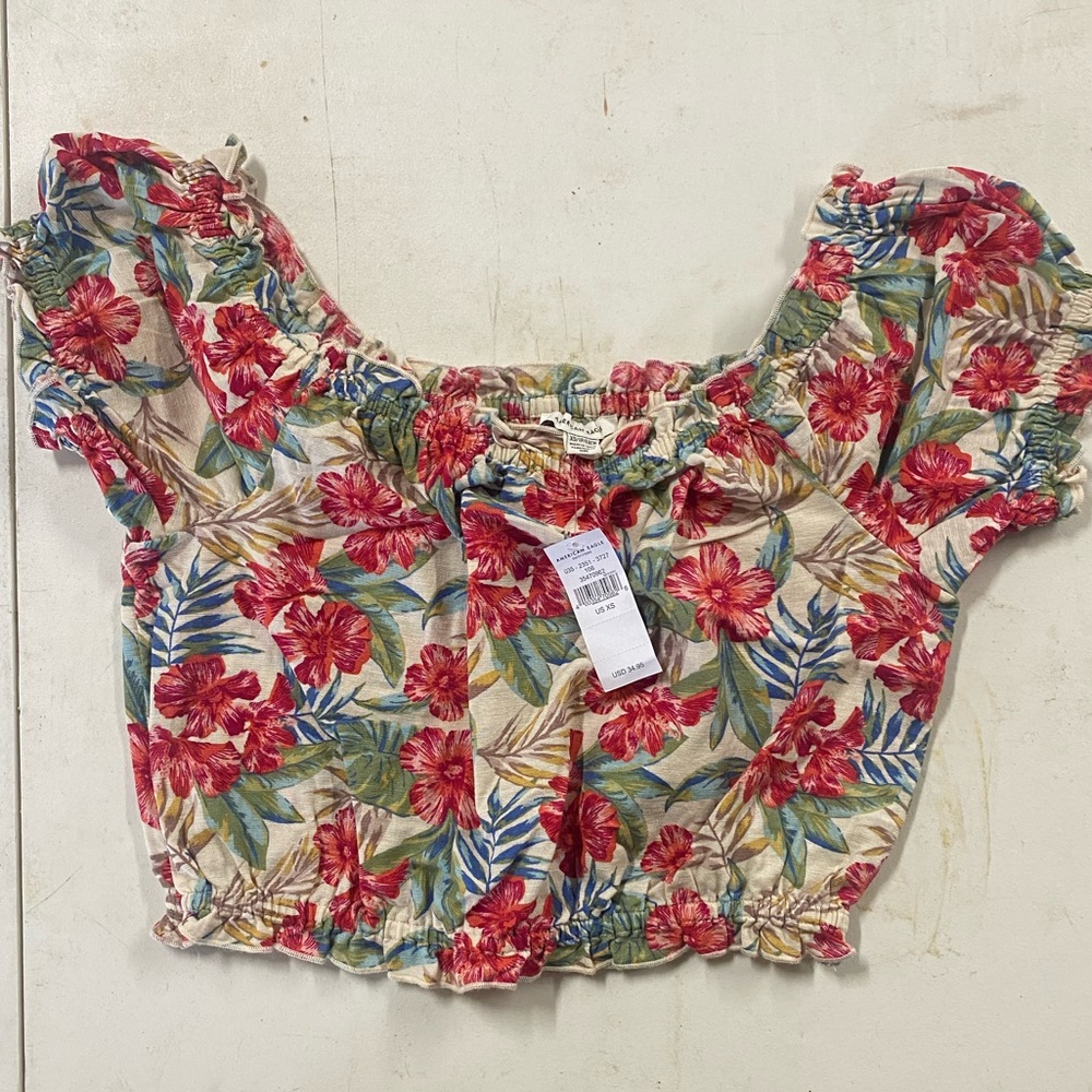 American Eagle Colorful Cotton Linen Hawaiian Hibiscus Cropped Top Size XS